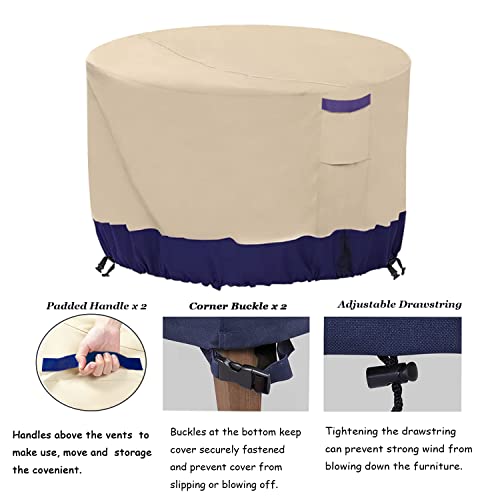 Dustyprote Round Patio Table Covers, Waterproof Patio Furniture Cover Round Table And Chairs, 600D Heavy Duty Outdoor Table And Chairs Covers, 72 "Dia X 28" H, Khaki + Dark Blue #TOP4