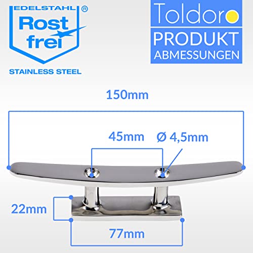 Toldoro® Klampe 150mm aus Edelstahl rostfrei V4A, 2 Bohrungen/Belegklampe, Bootsklampe mit elektropolierter Oberfläche/Festmacher für Sonnensegel oder als Boot Zubehör