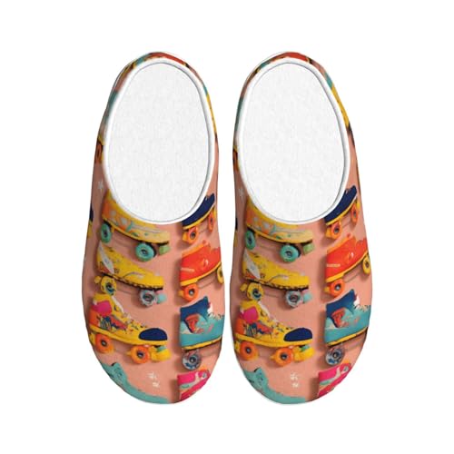 Jkkghll Pantuflas de franela acogedoras con estampado de patines coloridos, cálidas, antibolitas, suela de TPR para interiores y exteriores, elegante uso diario