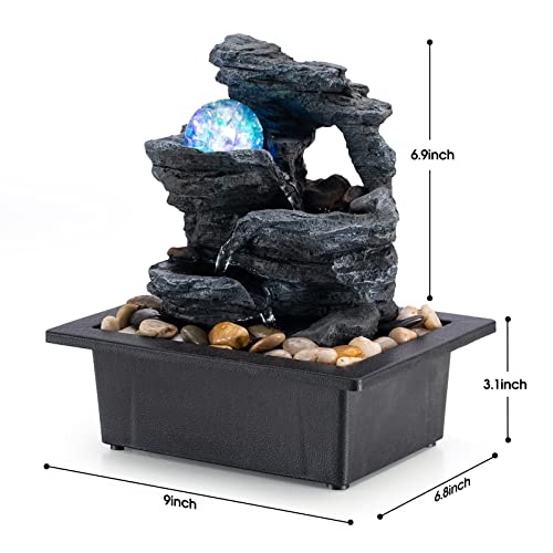 Amootek Tabletop Fountain Rotating Ball Rock Waterfall Fountain Office Includes Many Natural River Rocks Decorated with Colorful Lights, 9.05" L x 6.89" W x 10.23" H