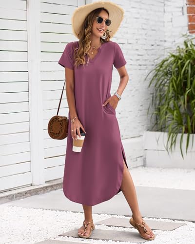Image of MISFAY Women's Summer Maxi Dress 2026 Casual Short Sleeves V Neck Loose Sundress Split Long Beach T Shirt Dress