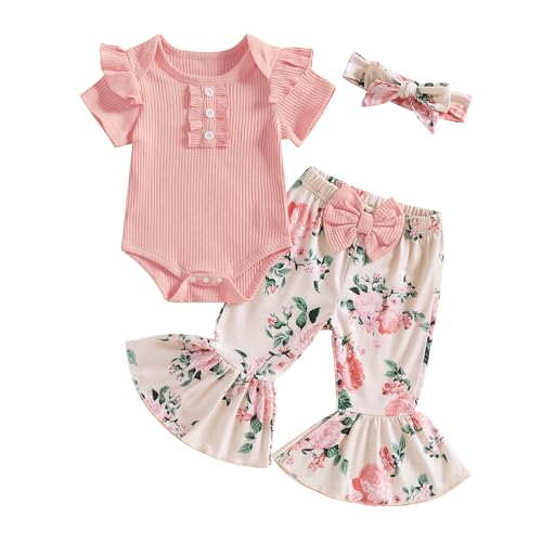 Image of MERSARIPHY Baby Girl Bell Bottom Outfit Infant Newborn Western Summer Clothes Short Sleeve Ruffle Romper Tops Flare Pant Set