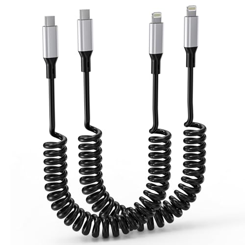 Coiled USB C to Lightning Cable Combo for Car 2Pack, [MFi Certified] Retractable iPhone Charger Cable, Short Apple CarPlay Type C to Lightning Cord for iPhone 14 13 12 11 Pro Max Mini XR XS 8 SE Pad