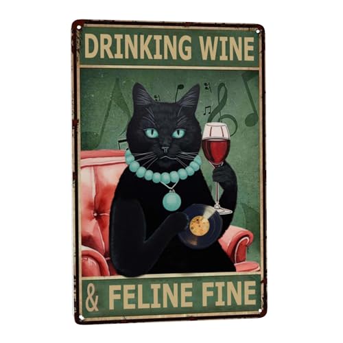 Lustiges Vintage-Katzen-Metallschild für Wanddekoration, perfektes Geschenk für Katzenliebhaber, Weintrinken und Katzen, ideal für Kneipe, Club, Café oder Heimdekoration, Retro-Stil, Boho-Stil, 20,3 x