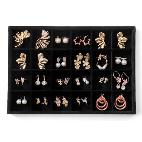 KATISYIO Large Jewelry Organizer for Drawer Insert Velvet Stackable Jewelry Trays for Earring Necklace Bracelet Ring Display (Black, 24 Grids) by KATISYIO - Used condition - US$12.48