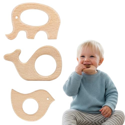 BCHKO Juego de 3 mordedores para bebés, figuras de madera para bebés, anillos de madera natural, juego de colgantes hechos a mano para joyería DIY y manualidades (madera natural)