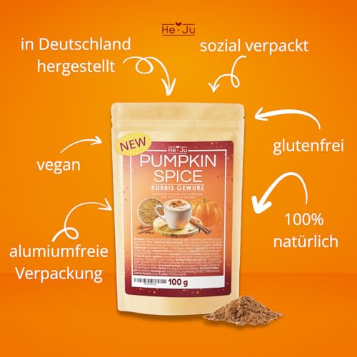 He-Ju Pumpkin Spice Latte Gewürz 100g, Kürbis Gewürzmischung mit Ceylon-Zimt & Kokosblütenzucker. vegan & glutenfrei, für Kaffee, Latte, Pumpkin Pie, Kürbissuppe & Kuchen