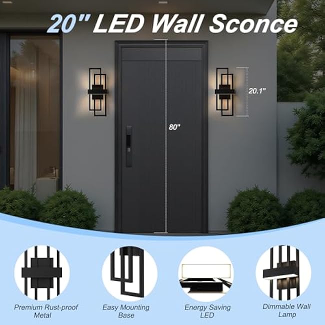 20 LED Wall Sconce, Modern Black Porch Light, Dimmable Indoor LED Wall Lamp, 3000K 18W Waterproof Outside Wall Light for House, Porch, Hallway