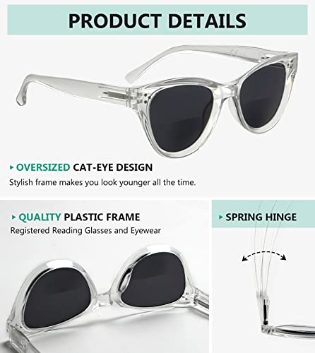 Eyekepper Bifocal Sunglasses For Women Reading Under The Sun Stylish Bifocal Readers Tinted Lens Oversize Cat-Eye Style - Transparent/Grey Lens +1.50 #TOP3