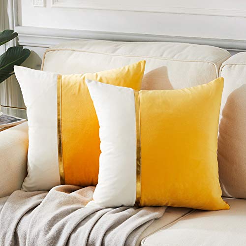 Image of Fancy Homi 2 Packs Yellow Decorative Throw Pillow Covers 18x18 Inch for Living Room Couch Bed, Yellow and White Velvet Patchwork with Gold Leather, Luxury Modern Accent Square Cushion Case 45x45 cm