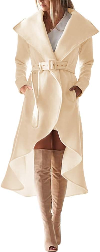 Women's Winter Wool Trench Coat Wrap Large Collar High Low Jacket Outwear with Belt