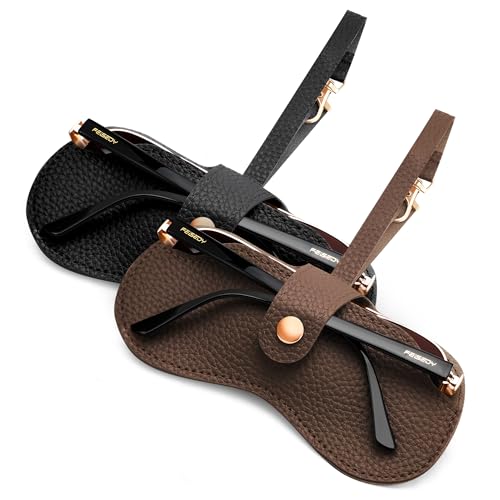 Image of FEISEDY Sunglass Case, 2Pcs Soft Leather Eyeglass Cases for Women | Slim Portable Glasses Holder, with Button-Closure Wrist Strap for Travel & Outdoor B0308
