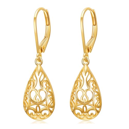 KECHO 14K Solid Yellow Gold Filigree Earrings Teardrop Drop Dangle Leverback Dangling Earrings Jewelry Gift for Women