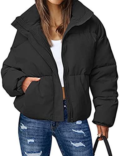 Yimoon Women's Cropped Puffer Jackets Casual Padded Jacket Long Sleeve Full Zip Stand Collar Winter Coat