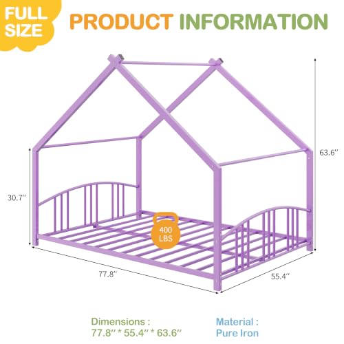 Image of Garvee Full Size Metal House Bed Frame for Kids, Purple