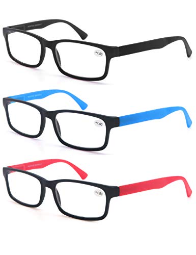 Tech Deals 🔥 Reading Glasses Men Women 1.0 Strength MODFANS Readers Eyeglasses Square Matte Comfort Feel Spring Hinge 3 Pack Mix Color Black Red Blue
