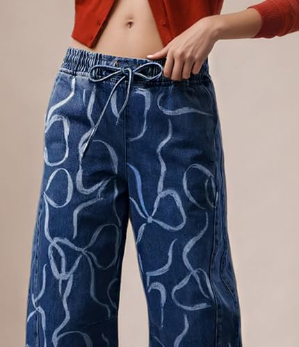 loveimgs Women Stretch Baggy Mid Rise Barrel Jeans Y2k Stripe Printed Wide Leg Denim Pants Boyfriend Drawstring Jeans4