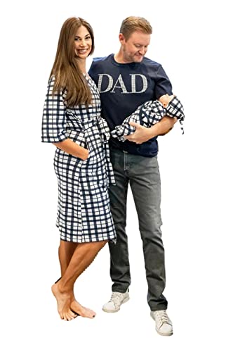 Image of Baby Be Mine Maternity Nursing Delivery Robe & Baby Girl Swaddle Blanket Set with Daddy T-Shirt (Small/Medium Robe -Large Tshirt, Blue Gingham)