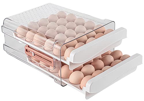 Sooyee 60 Capacity Egg Container for Refrigerator Household Egg Holder with Time Memory Transparent 2 Drawers Chicken Egg Storage Container White