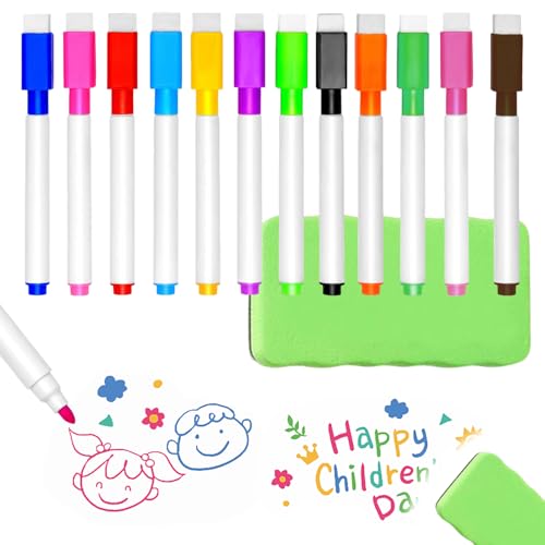 qijiefenCC Paquete de 12 marcadores para pizarra blanca + 1 borrador de pizarra blanca, rotuladores magnéticos de colores para pizarra blanca, para oficina, escuela, hogar, etc.