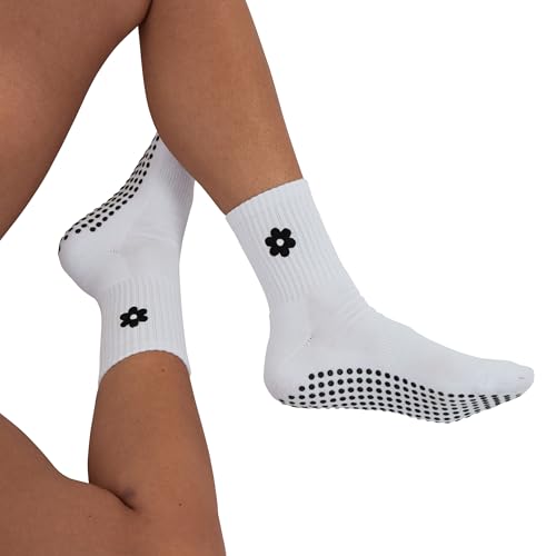 Women's Pilates Grip Socks with Flower Embroidery | Non-Slip Crew Socks for Women for Yoga, Barre, Pilates2