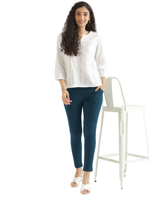 Image of SAADAA Women's Regular Fit High Rise 4-Way Stretchable Pants Yoga, Formal, and Regular Skinny High Waist Leggings 2 Deep Pockets Elastic Waistband Durable Interlock Stitching