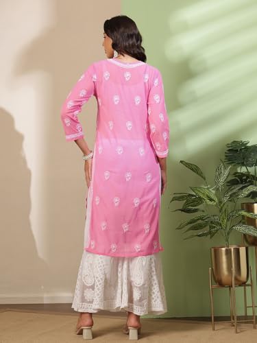 Image of Ada Lucknow Chikankari Hand Embroidered Faux Georgette Kurta Kurti Tunic Dress for Women A95504
