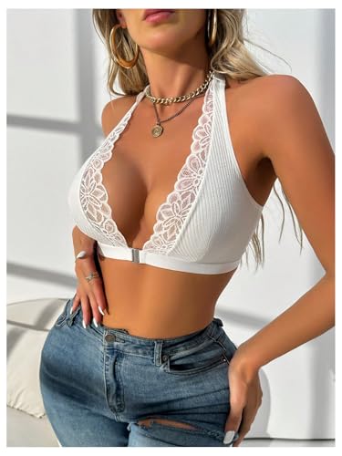 Image of SOLY HUX Bras for Women Halter Lace Front Closure Bralette | Wireless Bra, Deep V Neck, Triangle