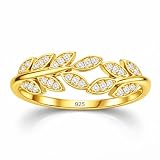 ZISTHI Anillo de plata de ley 925 ajustable con circonitas para mujer, anillo de hoja de plata/oro, regalo para mujeres y niñas, Plata de ley, Zirconia cúbica
