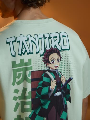 Image of The Souled Store Demon Slayer: Tanjiro Men and Boys Short Sleeves Round Neck Green Graphic Printed Cotton Lightweight All-Season Oversized T-Shirt