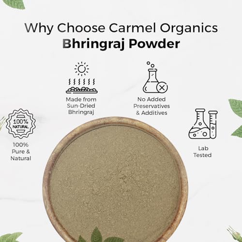 Image of CARMEL ORGANICS Bhringraj Powder 227 Grams for Hair Care for Hair Growth, Scalp Health & Dandruff Control | Natural | No Added Preservatives and Additives| Karisalankanni