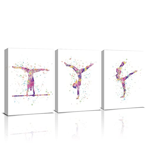 KAIRNE Wrapped Framed Girls Bedroom Accessories,Gymnastics Canvas Wall Art,Set of 3(8x10 inch),Gymnastic Girls Art Prints Abstract Colorful Gym Pictures for Walls Ready to Hang