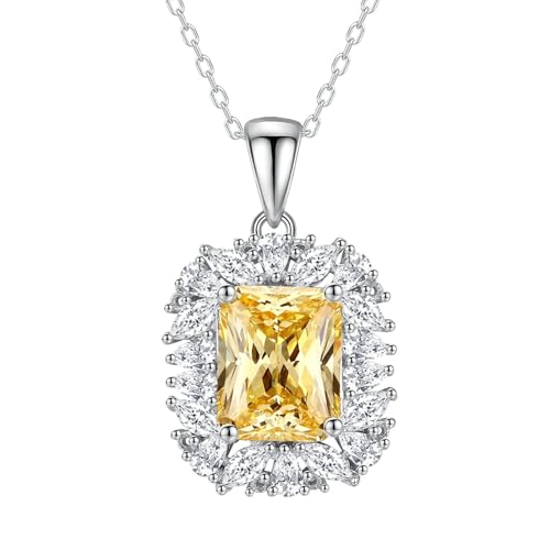 Hoisy Collar Colgante de Mujer Oro Blanco 9 Kilates, 4 Garras Rectángulo con Citrina de 4ct y Moissanita, Collar Plata Amarillo Mujer
