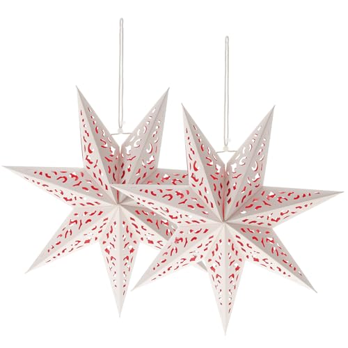 MUCKLILY Pantallas de Linterna de Papel Artesanal Forma de Estrella 2 Piezas 35 CM Rojo y Blanco para Decoración Colgante de Fiesta Hogar y Eventos Familiares