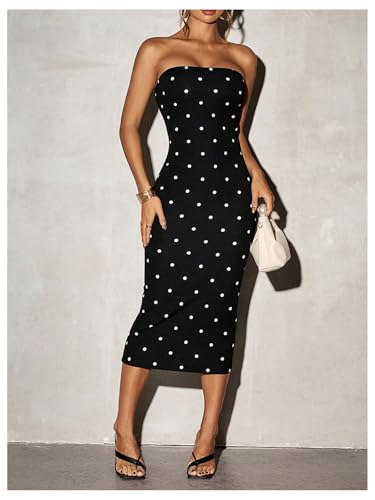WDIRARA Women's Polka Dots Strapless Tube Dress Cocktail Party Bodycon Midi Dresses4