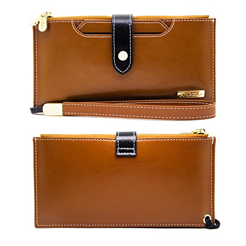 Andoilt Wallets For Women Genuine Leather Wallet Rfid Blocking Bifold Multi Card Case Purse With Zipper Pocket Cell Phone Handbag Brown #TOP3