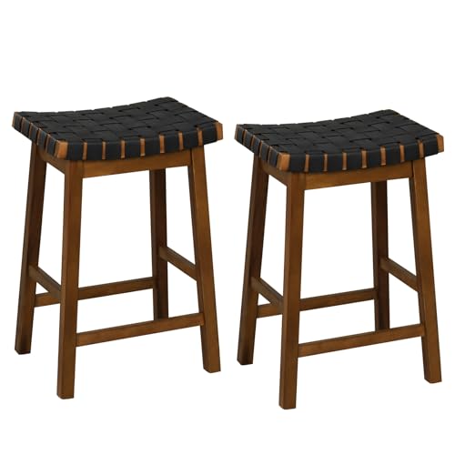{Taburetes Cocina 65Cm Alto Taburetes Cocina GIANTEX Juego de 2 Taburetes de Bar con Tejido de Poliuretano y Asiento Curvado, Taburete de Comedor de Madera Maciza con...