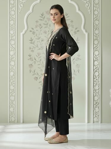 Image of INDO ERA Women's Cotton Blend Solid Straight Kurta with Pant & Dupatta Set