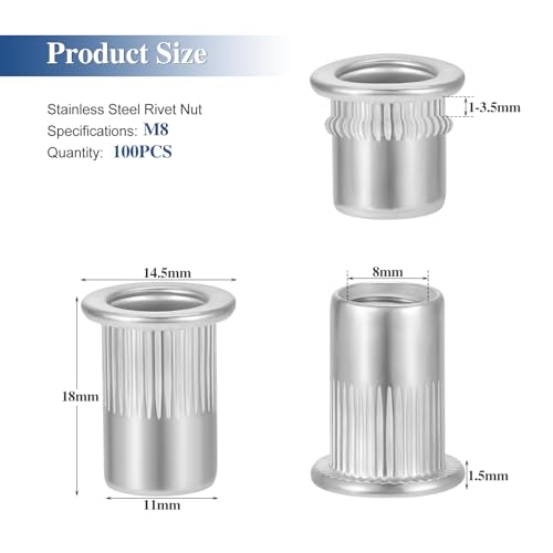 HSEMALL 100Stück Nietmuttern M8,Flachkopf Gewindenieten Blindnietmuttern Einnietmutter für Metall Kunststoff