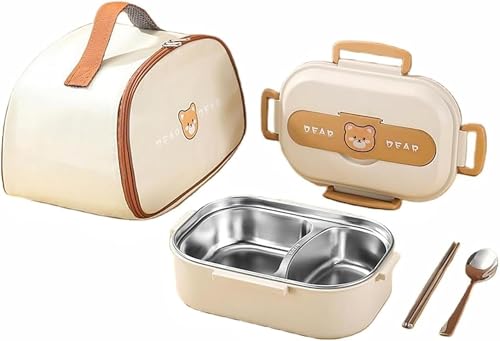 弁当箱 男性 便当盒 大容量 お弁当箱 bento box 食器付き 収納保温袋付き 飯盒 小熊模様 2段 ピクニック弁当箱 フードコンテナ ステンレス鋼材質 電子レンジ対応 仕切り付き 蓋付き 汁漏れしない お弁当持ち運び オフィス 学校 (スタイル2)