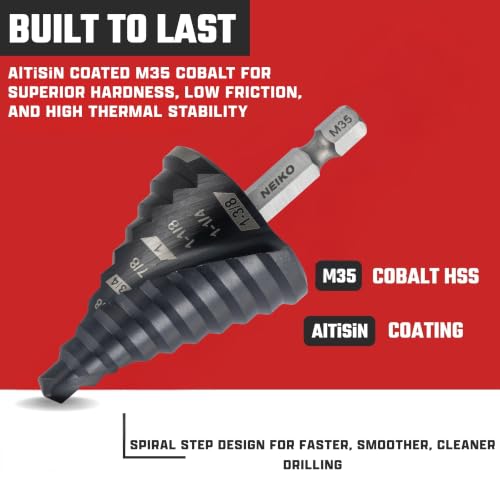 Image of NEIKO 10174B Step Drill Bit, 10 Steps 1 /4 inch to 1-3 /8 inch Spiral M35 Cobalt, AlTiSiN Coated, 1 /4 inch Quick Change Step Bits for Steel, Metal, Wood, Plastic, Unibit Cone Drill Bits, Two Flute