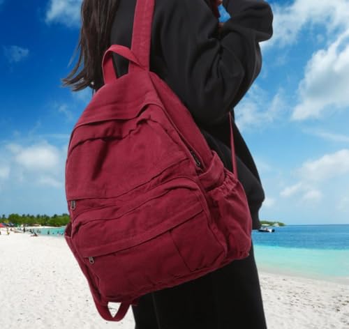 Image of Burgundy Red Canvas Backpack for Women Retro Aesthetic Rucksack Basic Backpack for High School /College Students Travel Laptop Bag