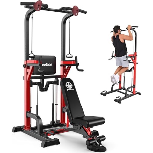 Power Tower Dip Station Pull Up Bar for Fitness Home Gym Workout,Multi-Function Adjustable Height Fitness Strength Training Exercise Equipment,with Power Elastic Ropes,Work Bench