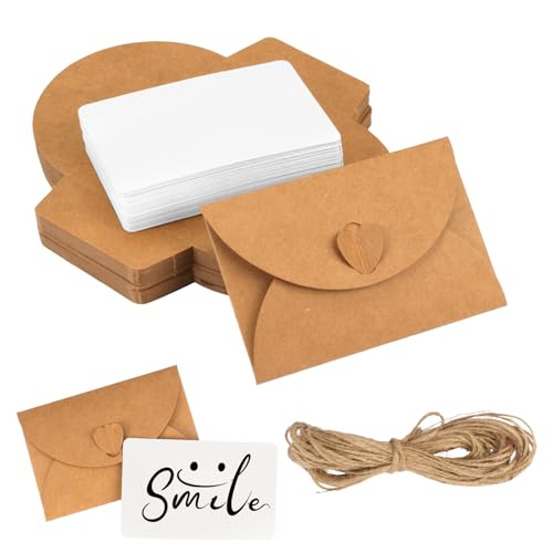 50 Sobres on Cierre Ded Corazón, Mini Kraft Paper Envelopes With Heart Closure, Sobres Pequeños with Blank Cards, Creative Retro Tarjetas Regalo Sobres, Gift Cards, for Wedding, Birthday Party
