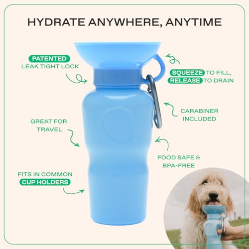 Image of Springer Dog Water Bottle | Portable Travel Drinking Feeder Dispenser for Dogs & Puppies | As Seen on Shark Tank | Leak-Proof Bowl | BPA-Free | Outdoor Walking, Hiking & Travel | 22oz Blue