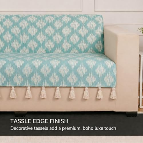 Image of STITCHNEST 'Verdant Ikat Stories' 2 Seater Sofa Cover - Full Coverage| Elegant Jacquard Fabric, Decorative Tassels, Washable & Durable for Modern Living