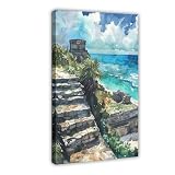 UTGN Tulum Painting - Lienzo decorativo con diseño de pirámides mayas, 60 x 90 cm
