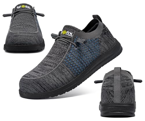 Image of LARNMERN Slip On Steel Toe Shoes Men Lightweight Comfortable Lounging Walking Sneakers Safety Work Steel Toe Loafers(9 Men, Dark Gray /Blue)