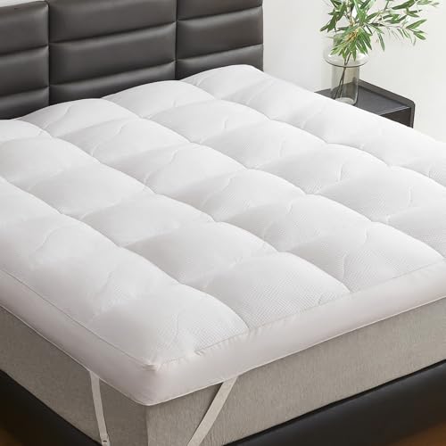 LeWinBedding Dual Layer 5 Inch Goose Feather Mattress Topper Queen Size, 4 Inch Goose Feather Plus 1 Inch Down Alternative Pillow Top, Medium Firm Featherbed with Adjustable Straps(60"x80", Wavy)