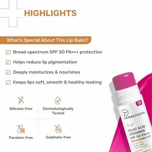 Image of DERMATOUCH Kojic Acid Ceramide SPF 50 PA+++ Tinted Pink Lip Balm - 5g | Moisturizing • Sun Protection • Nourishing | Reduces Pigmentation & Heals Dry Lips